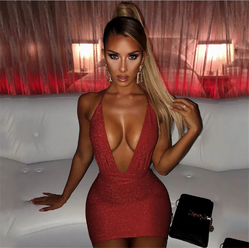 Sleeveless Halter Bandage Sexy Women Dress Backless Bodycon Summer Deep V-neck Night Club Lace-up Party Dress