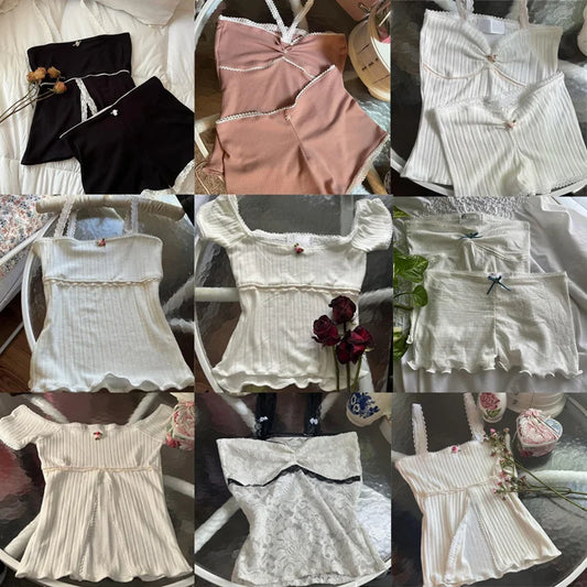 Chic Cute 2 Piece Set Y2K Fairy Coquette Lace Trim Crop Tops + Shorts 00s Retro Grunge Milkmaid Vest Tops Vintage Camis Outfit