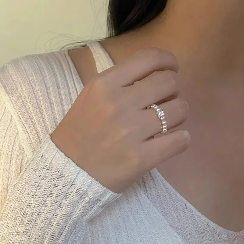 New French Zircon Elasticity Pearl Ring Women's Personalized Fashion Daily Accessories Party Jewelry Birthday Gifts Sold Single