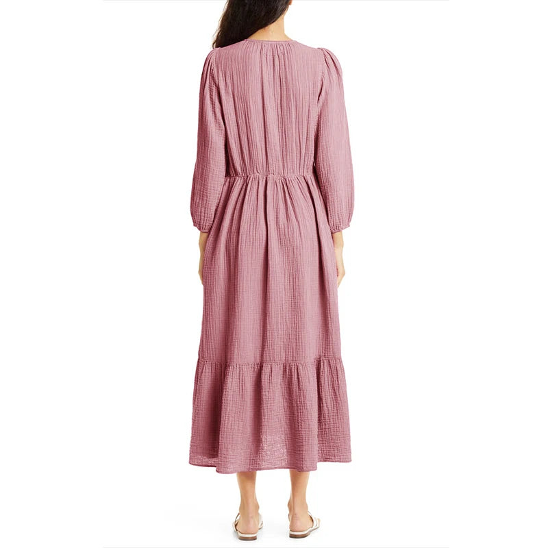 Muslin 100% Cotton Long Sleeve Dresses For Women Sexy V-Neck Solid Women'S Elegant Loose Dresses Chic Maxi Birthday Party Dress