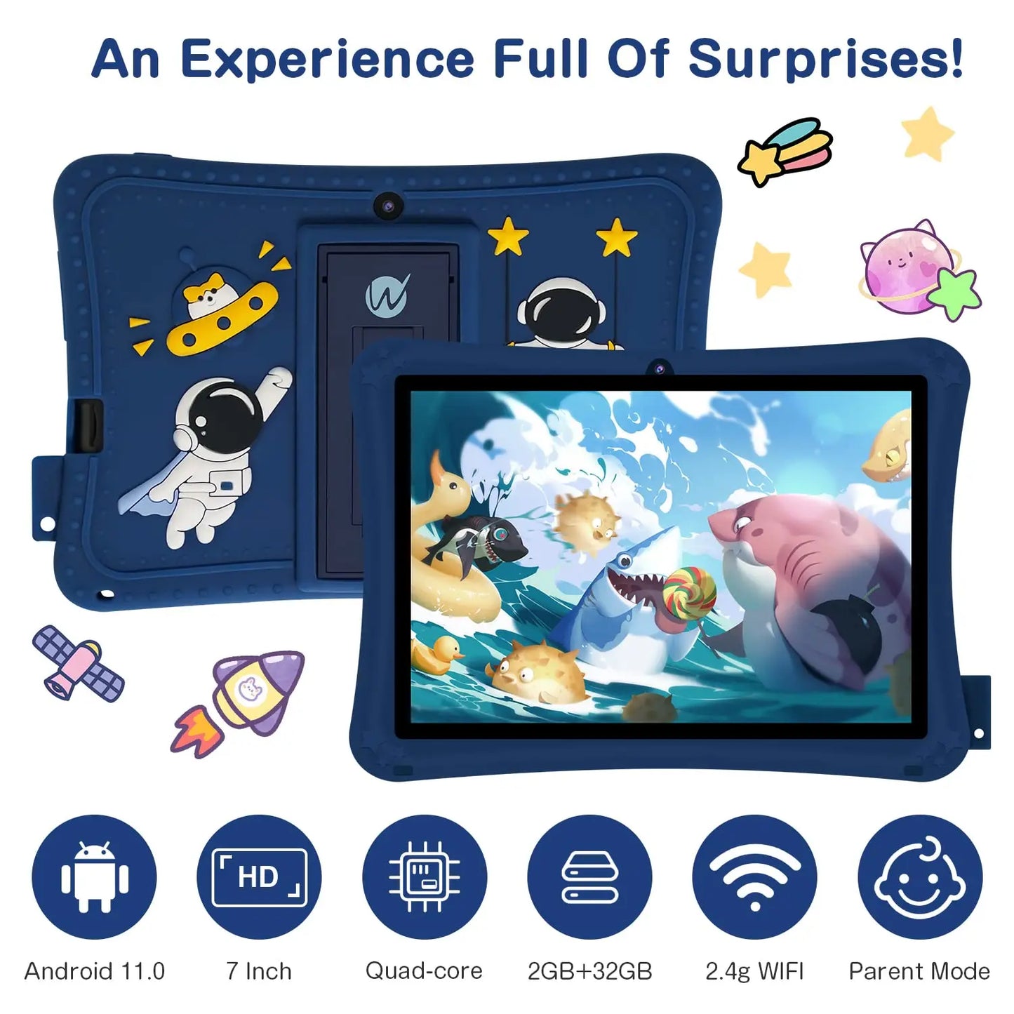 7 Inch Android Kids Tablet 2+32GB WiFi Google Play Toddler Tablet with Parental Control Children Tablet with Kid-Proof Case