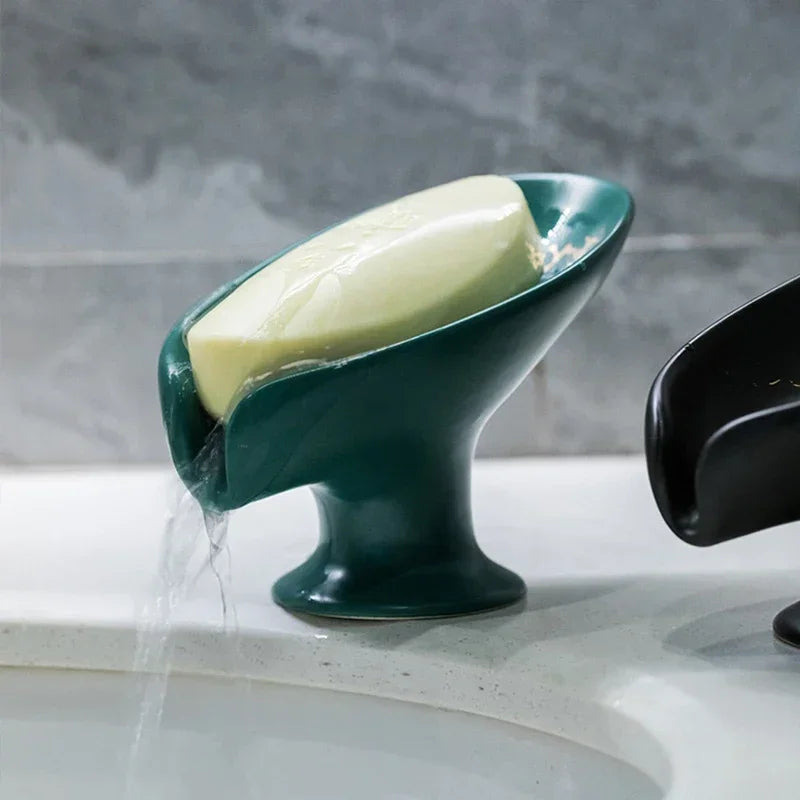 Ceramic Leaf-shaped Drain Soap Dish Bathroom Shower Sponge Storage Board Soap Drain Box